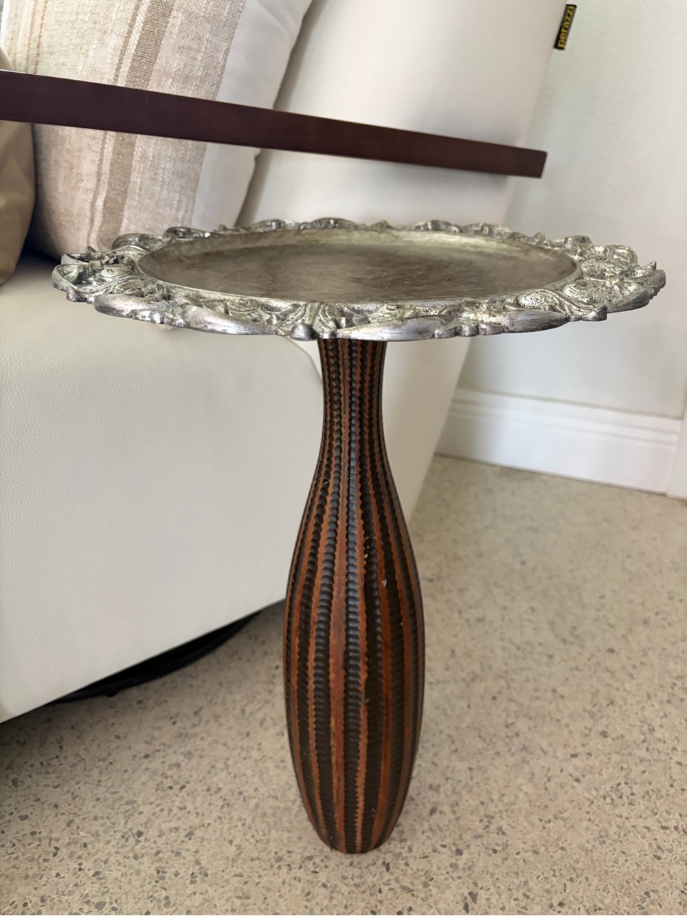 Silver Top Brown Ribbed Pedestal Accent Table